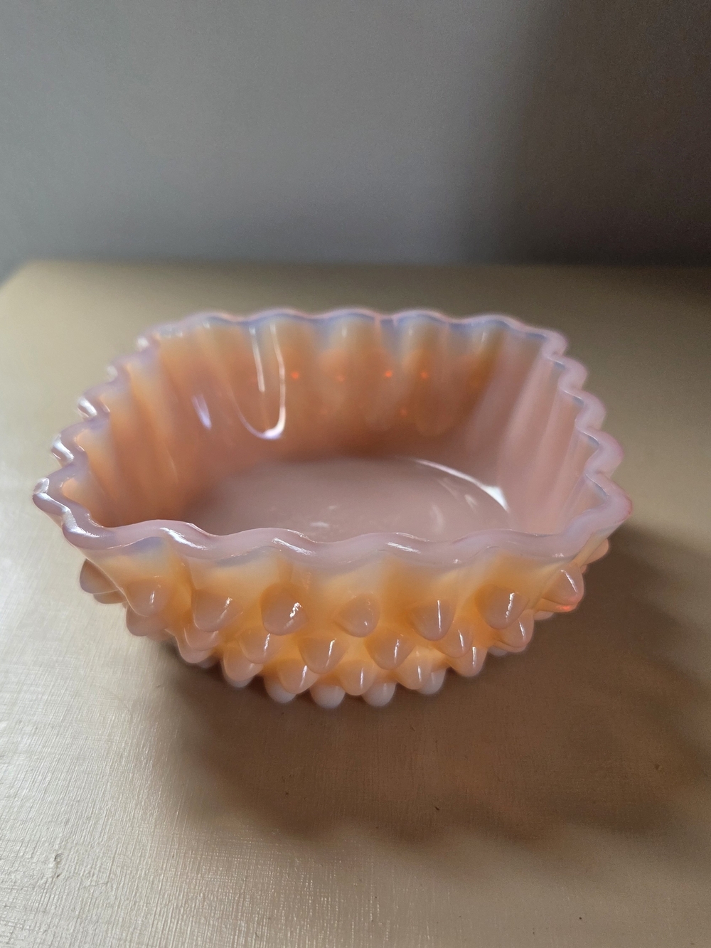 Vintage Fenton Glass Cranberry Pink Hobnail Square Crimped Berry Bowl Smooth Mcm